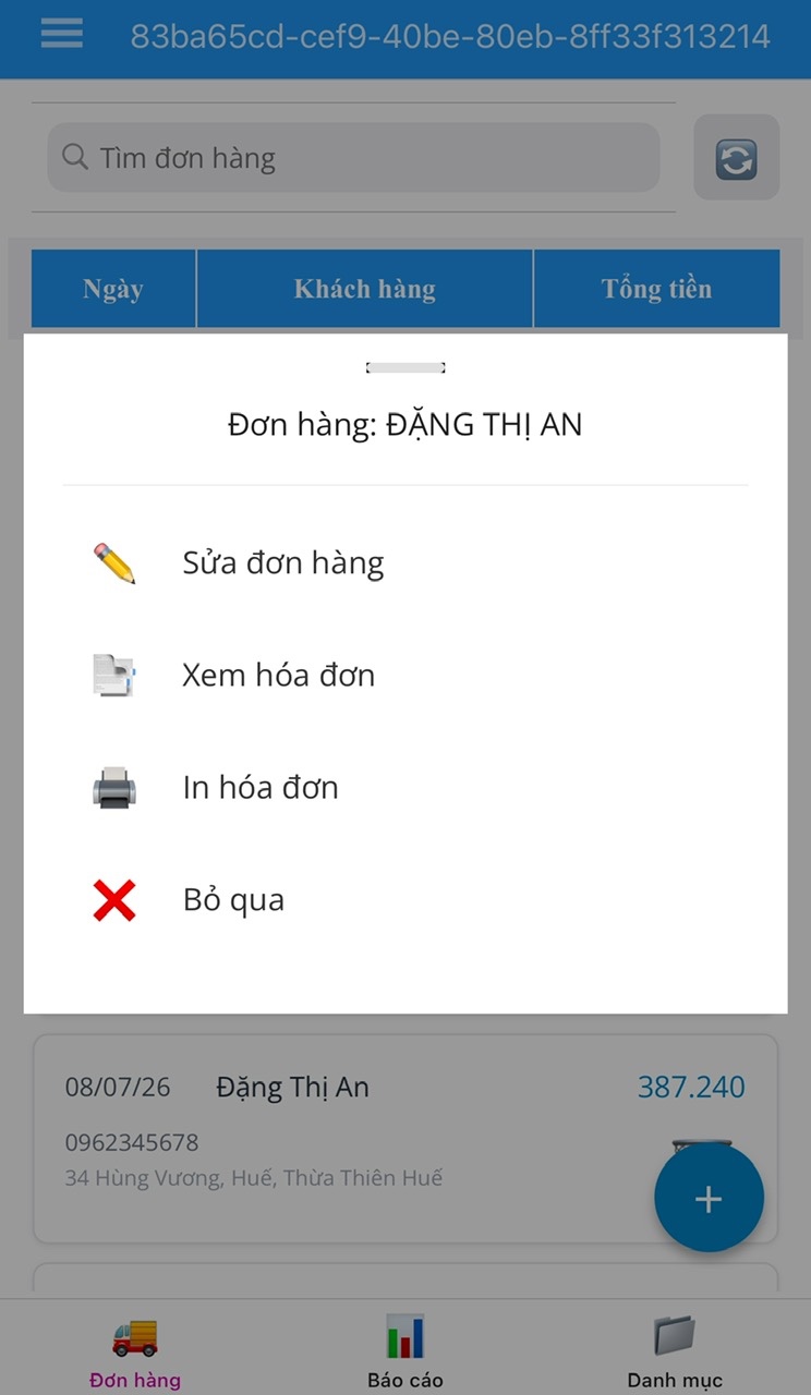 Menu thao tác đơn hàng GoShop