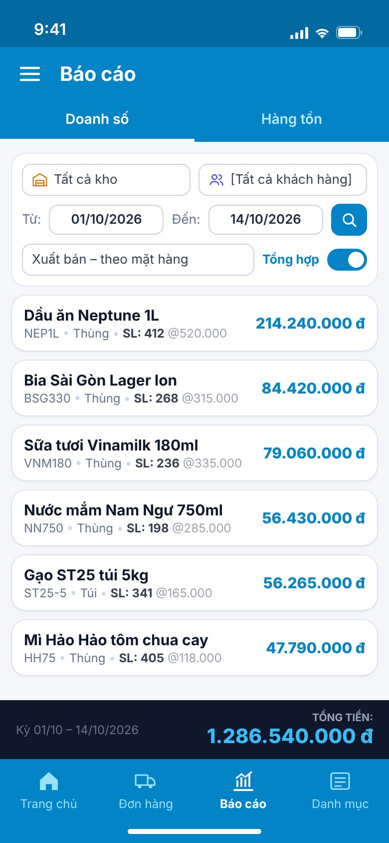 App GoShop xem báo cáo nhập xuất trên điện thoại