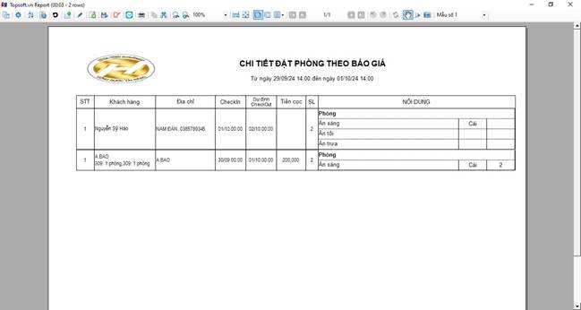 Chi tiết báo cáo đặt phòng
