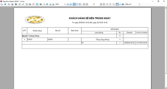 Báo cáo khách sẽ đến