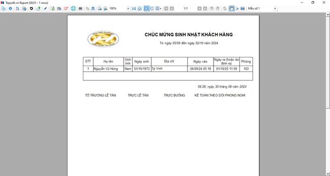 Báo cáo sinh nhật khách