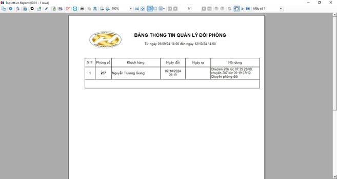 Báo cáo doanh thu tiền phòng