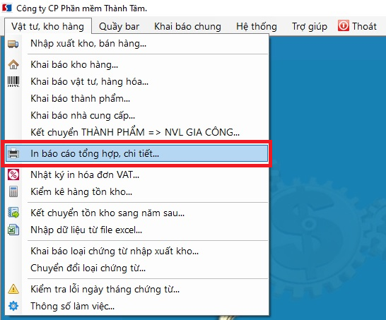 Menu Báo cáo vật tư